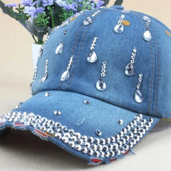 maoxiangshop New Denim Hip Hop Caps Fashion Leisure Woman Cap With Water Drop Rhinestones Vintage Jean Cotton Baseball Caps For Men Hot Sale