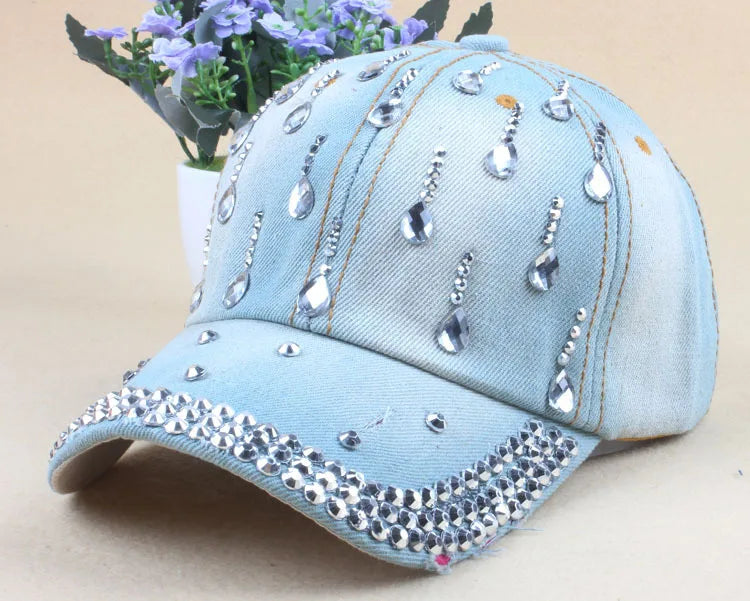 maoxiangshop New Denim Hip Hop Caps Fashion Leisure Woman Cap With Water Drop Rhinestones Vintage Jean Cotton Baseball Caps For Men Hot Sale