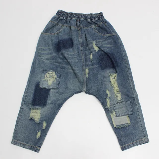 Women Ripped Hole Jeans Wide Leg Drop Crotch jeans hip hop streetwear Baggy Harem pants Boyfriend Bloomers Denim Trousers ZH896