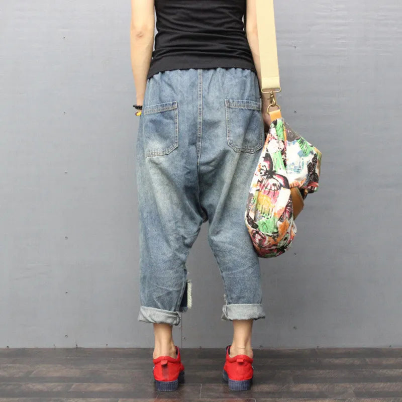 Women Ripped Hole Jeans Wide Leg Drop Crotch jeans hip hop streetwear Baggy Harem pants Boyfriend Bloomers Denim Trousers ZH896