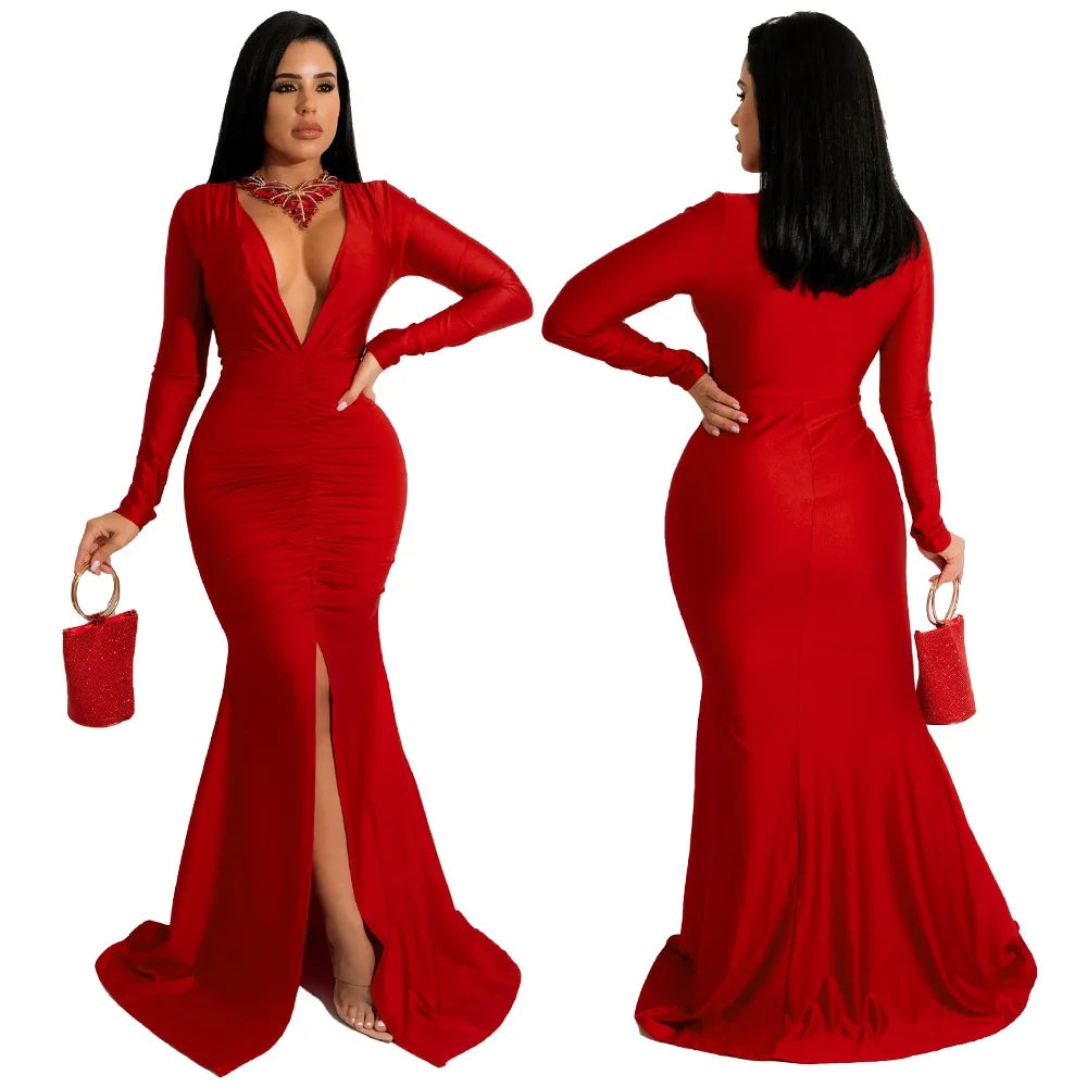 maoxiangshop Dresses for Women Evening Party Dress Long Bodycon Dress Sexy Party Dresses Winter Clothes for Women Long Sleeve V-neck