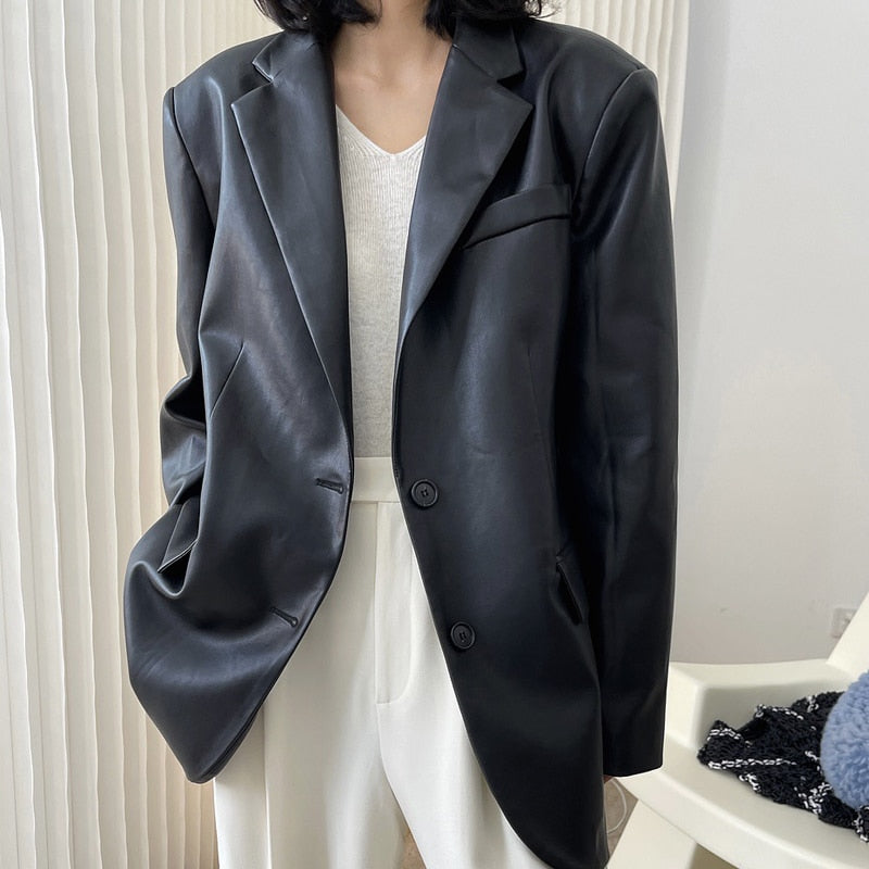 maoxiangshop Autumn and winter women's casual solid color single-breasted pocket decoration loose PU jacket