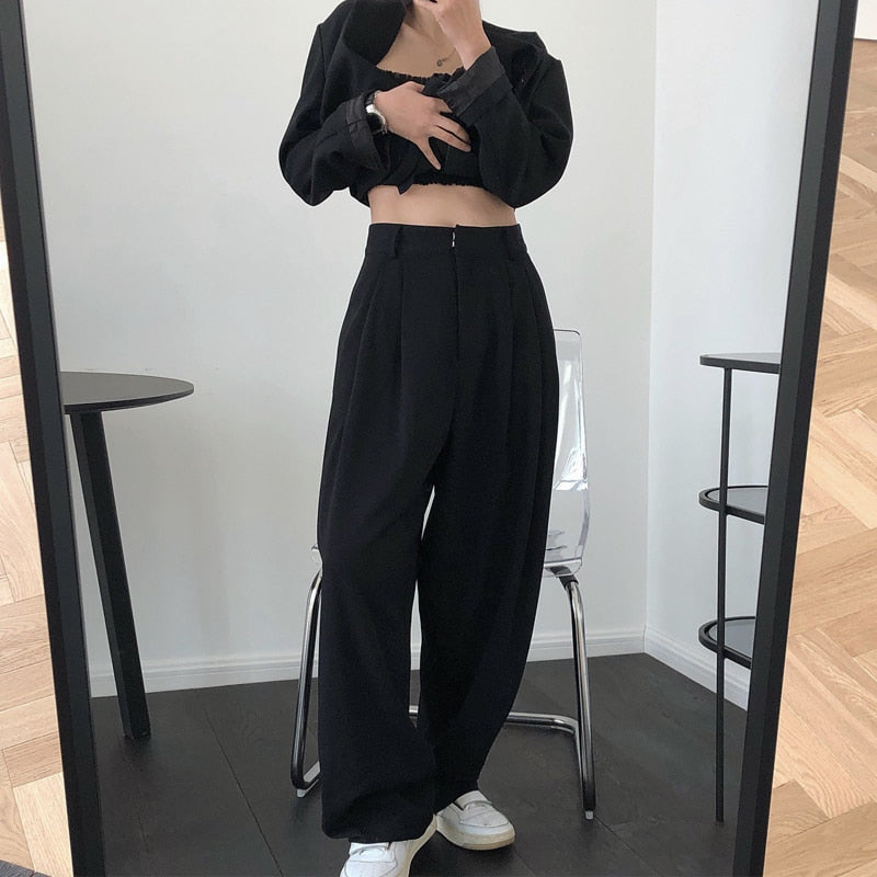 maoxiangshop Spring and Autumn Women's Casual Solid Color High Waist Loose Wide Leg Pants