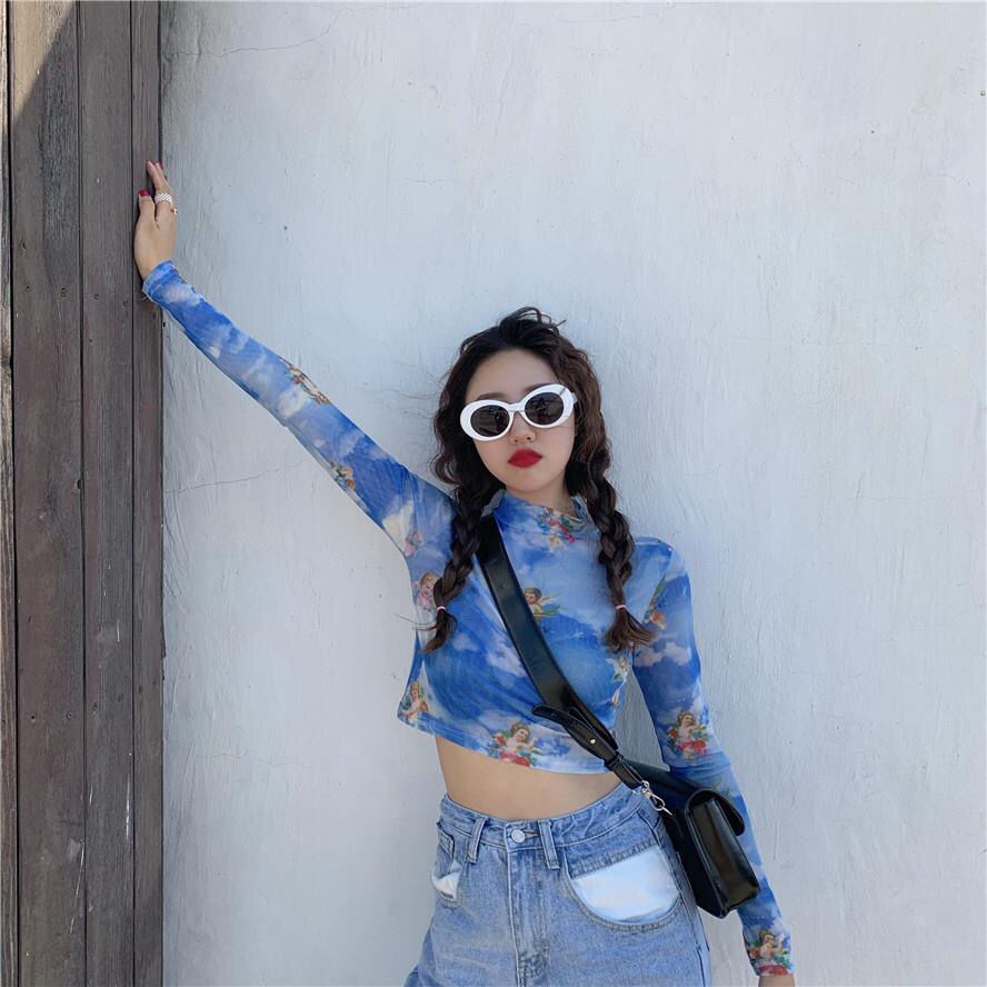 maoxiangshop Angel Print Sheer Blue Black Mesh Long Sleeve Blouse Shirts Women Spring Summer Pullovers Elegant Sexy See Through Tops