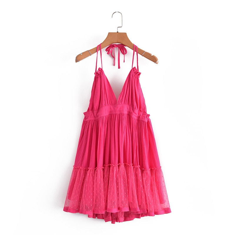 maoxiangshop Summer New Solid Color Lace Stitching V Neck Sexy Backless Mesh Short Dress Camisole Holiday Beach Dress Female
