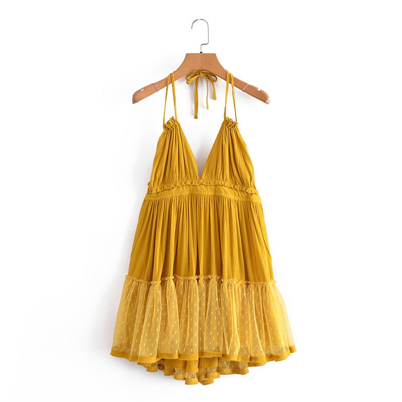 maoxiangshop Summer New Solid Color Lace Stitching V Neck Sexy Backless Mesh Short Dress Camisole Holiday Beach Dress Female