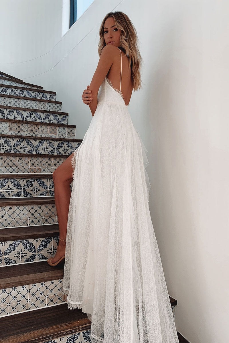 maoxiangshop Sexy Deep V Neck Women Formal Dresses Lace Backless Sleeveless White Dress Fashion Party Beach Elegant Banquet Bridal Clothing