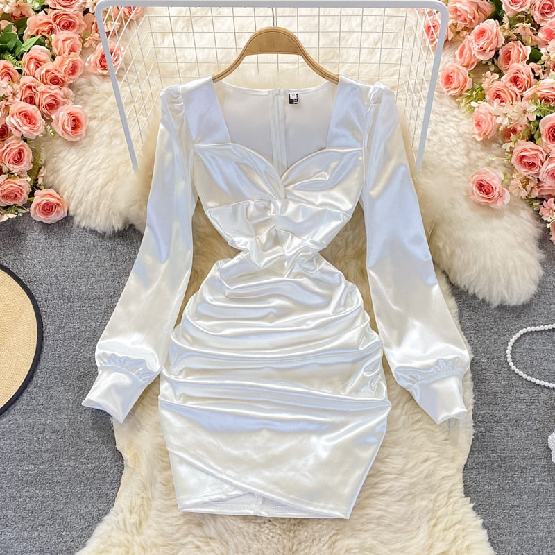 maoxiangshop Autumn New Celebrity Sexy Square Neck Satin Dresses Long Sleeve Women White Hip Wrap Slim Pleated Mini Short Dress