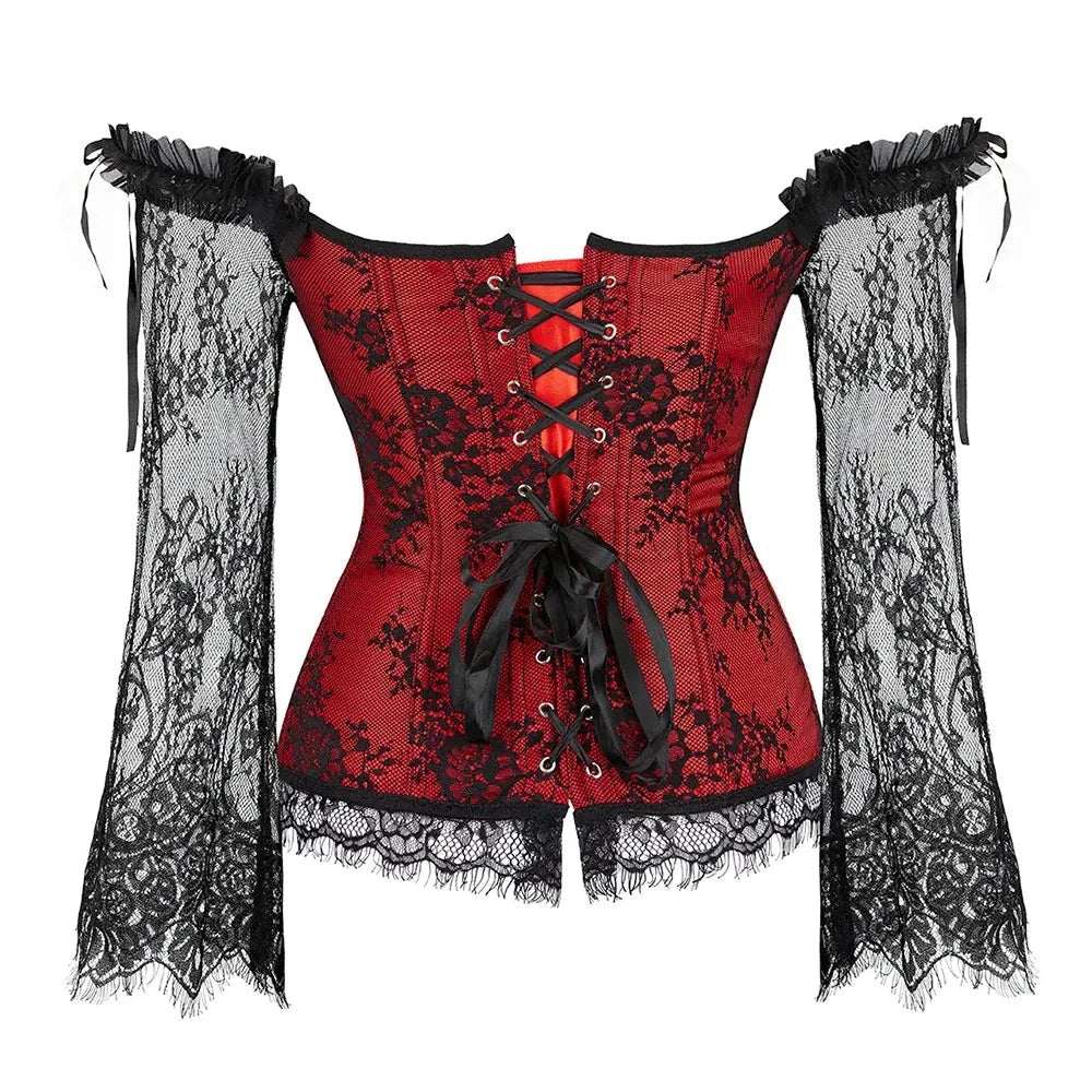 maoxiangshop Corset Top Bustier Lingerie Women with Long Sleeves Renaissance Plus Size Lace Floral Sexy Costumes Burlesque Red Black
