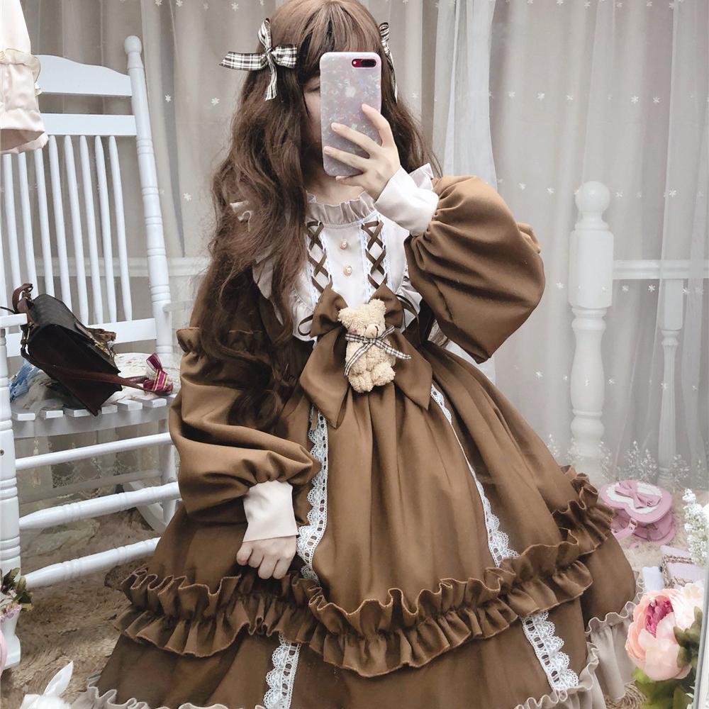 maoxiangshop In Wondeland Cute Women's Lolita OP Dress Flouncing Lace Trim Japanese Harajuku Long Sleeves Doll Dress Fairy Vestidos