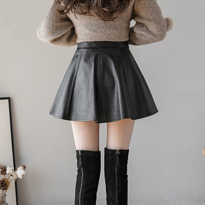 maoxiangshop PU Pleated Skirt Autumn Women Solid Color Leather Winter Skirts Womens Slim High Waist Saia Faldas Chic Zipper Mini Skirt