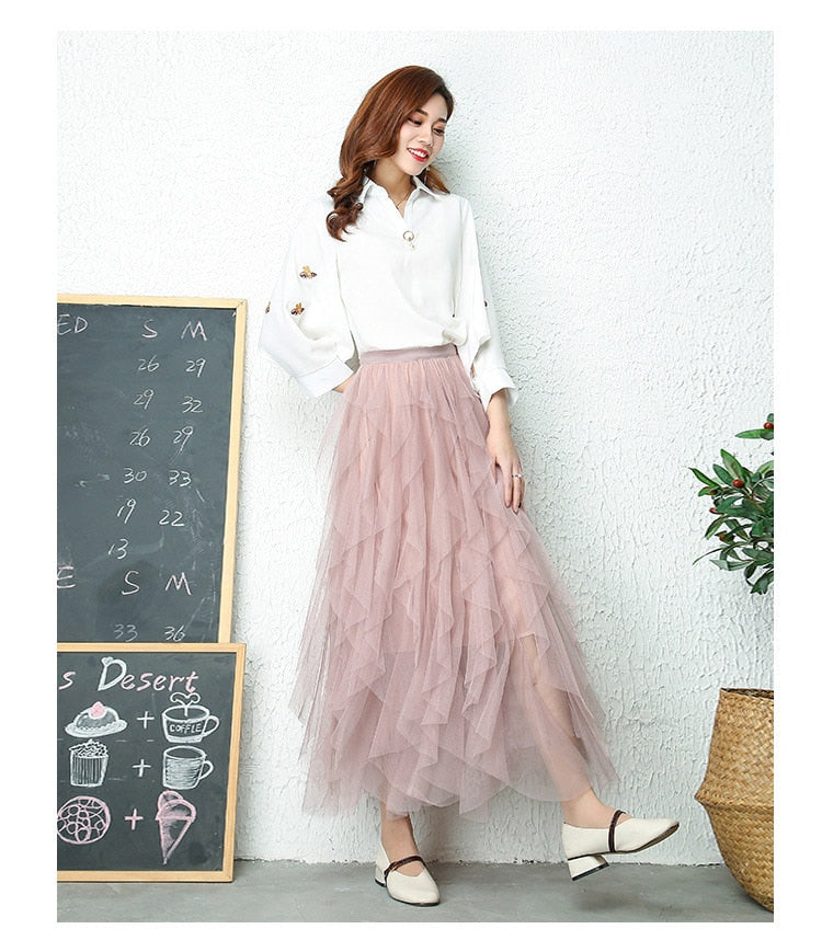 maoxiangshop Fashion Tutu Tulle Skirt Women Long Maxi Skirt Spring Summer Korean Black Pink High Waist Pleated Skirt Female