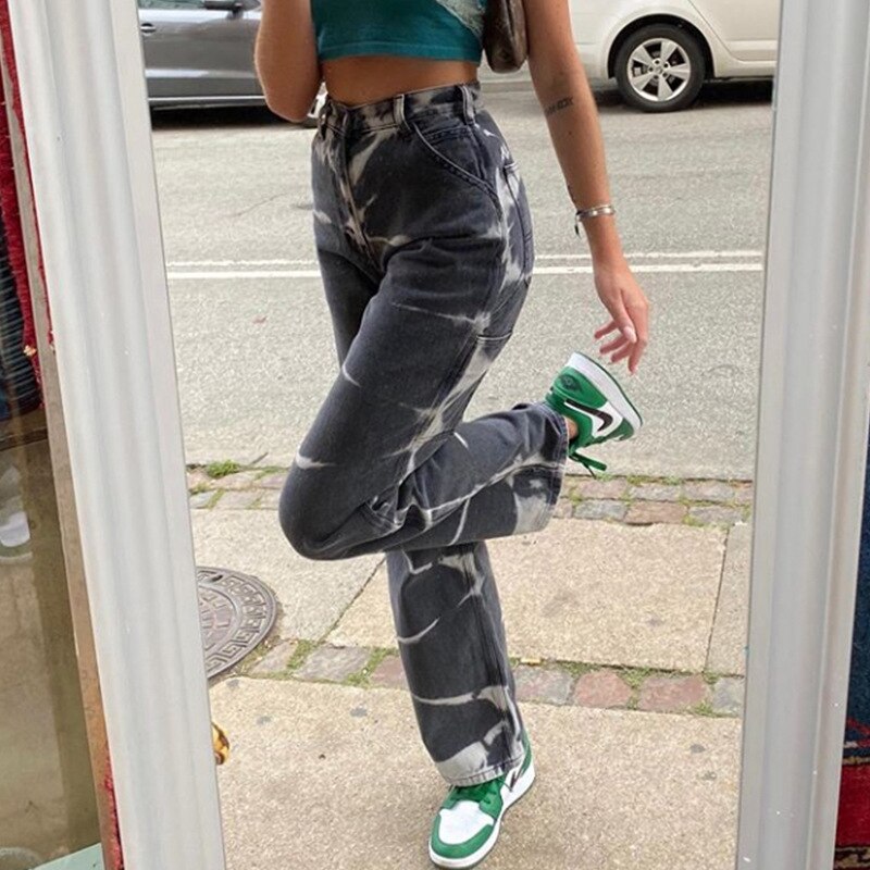 Y2K Tie Dye Stripe Print Jeans Womens High Waist Vintage 90s Aesthetic Wide Leg Jeans Casual All-match Streetwear Trousers