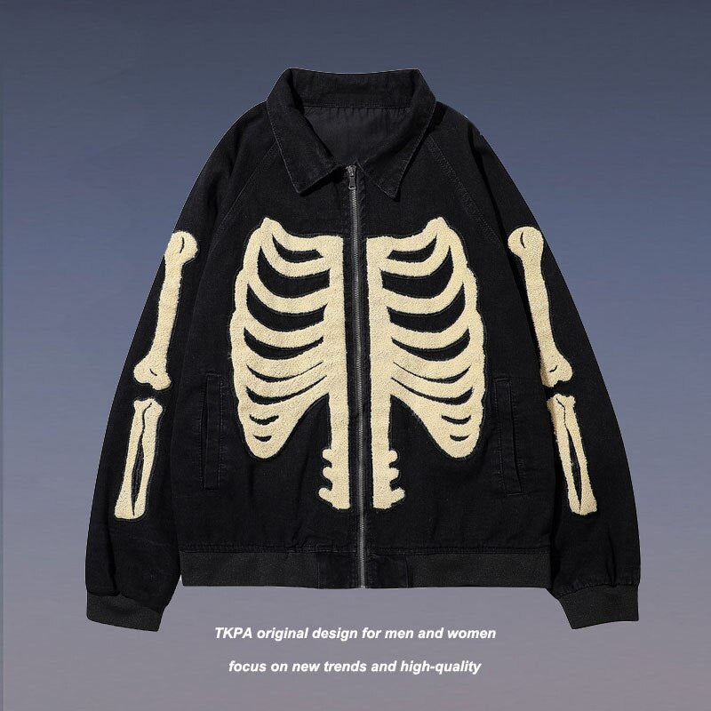 maoxiangshop Street Hip Hop Denim Jacket For Men Autumn Bone Embroidery Long Sleeve Zipper Loose Baseball Jackets Men's Denim Jackets