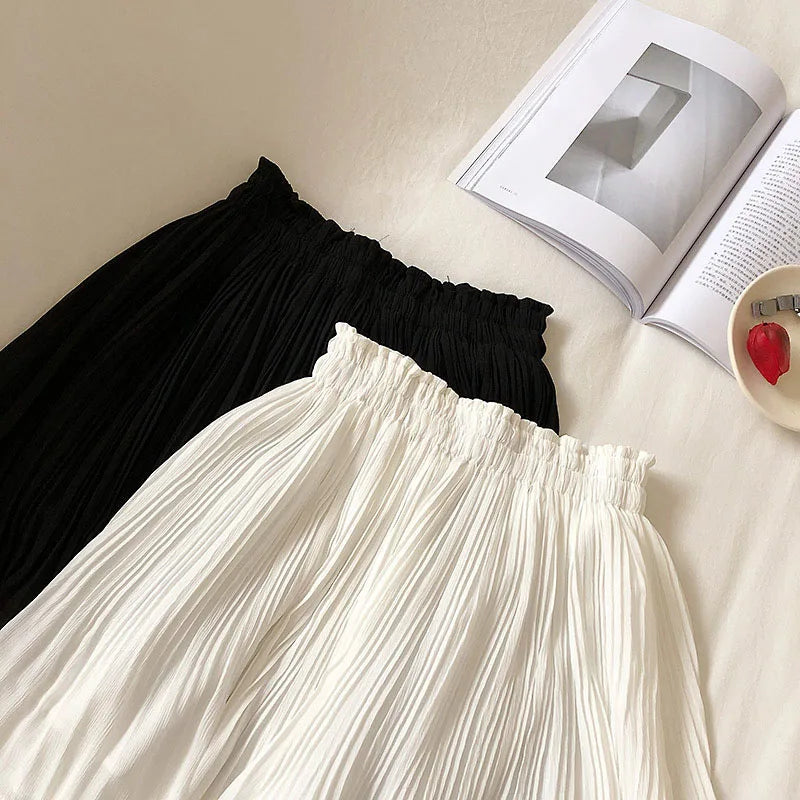 maoxiangshop Solid Chiffon Summer Shorts Skirt Women Fashion Elastic Waist Pleated Mini Skirt Casual Beach Faldas Saias