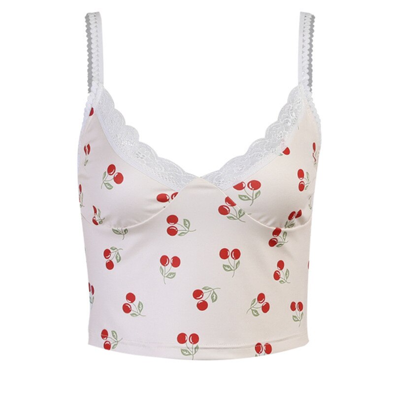 Women's Cherry Print Vest Sexy Sleeveless Backless V Neck Lace Patchwork Crop Tops Slim Exposed Navel Camisole