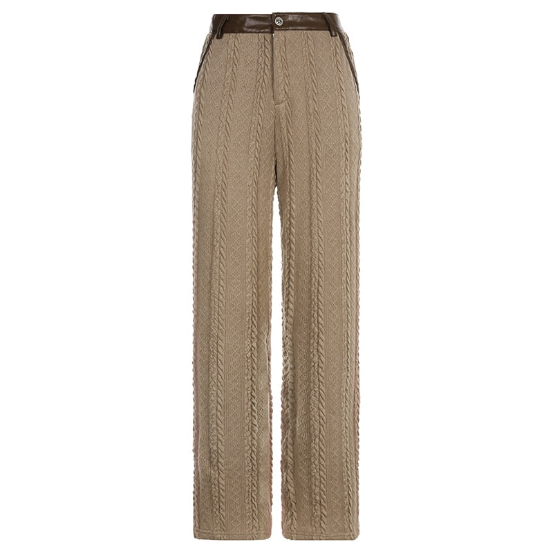 y2k Twist Knitted Trousers Baggy Straight High Waisted Pants Women Retro Patched Button Joggers Khaki Harajuku Casual