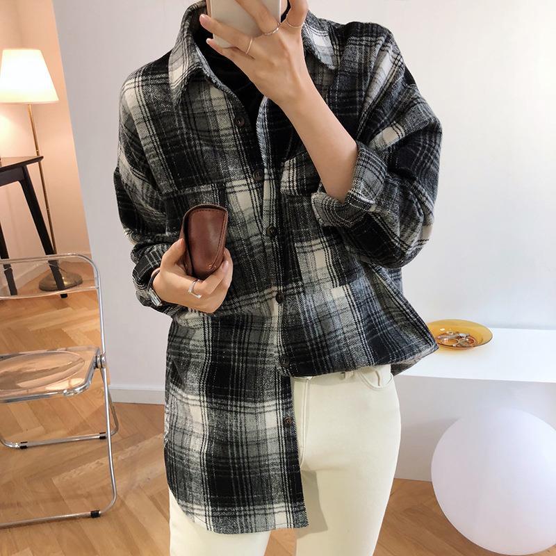 maoxiangshop Female Autumn Street Blouse Shirts Vintage Oversized Plaid Flannel Boyfriend Tunic Shirt for Women Casual Korean Tops