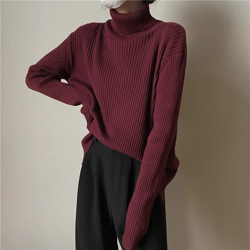 maoxiangshop Fashion Women Sweaters Streetwear Wool Pullovers Turtleneck Knitted Long Sleeve Top Black Korean Style Winter Clothes Woman