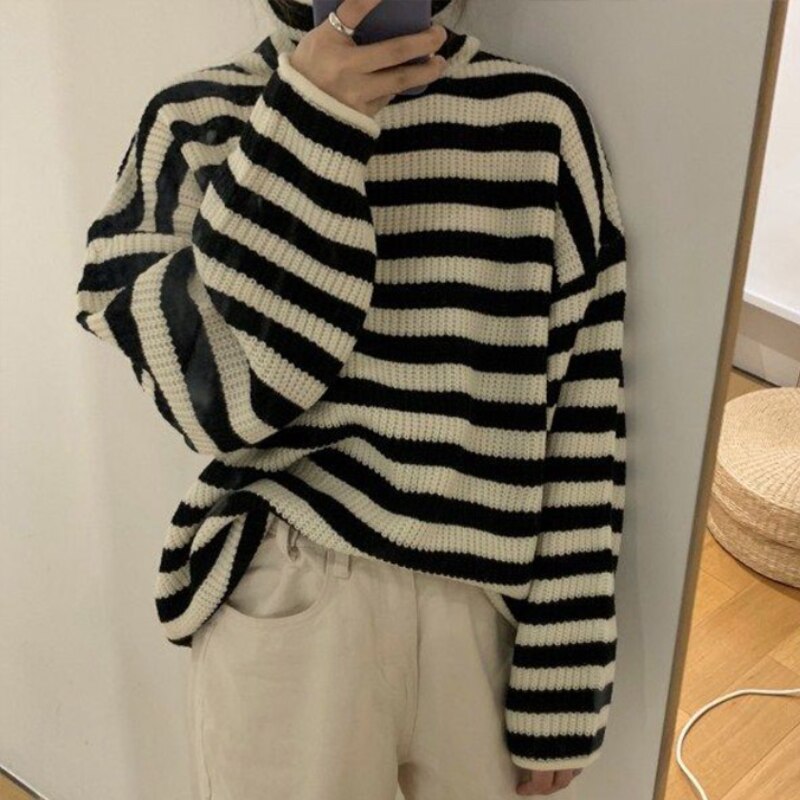 Winter Stripe Sweaters Women Turtleneck Sweater Knitted Harajuku Pullover Thicken Warm Jumper Female Long Sleeve Sueter Mujer