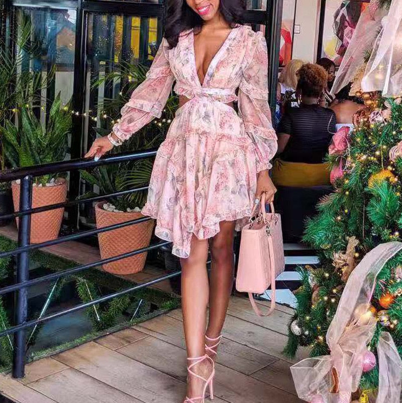 Spring Summer Dress Women Causal Dress Sexy New Arrivals V Neck Floral Dress Mini Beach Evening Party Dress