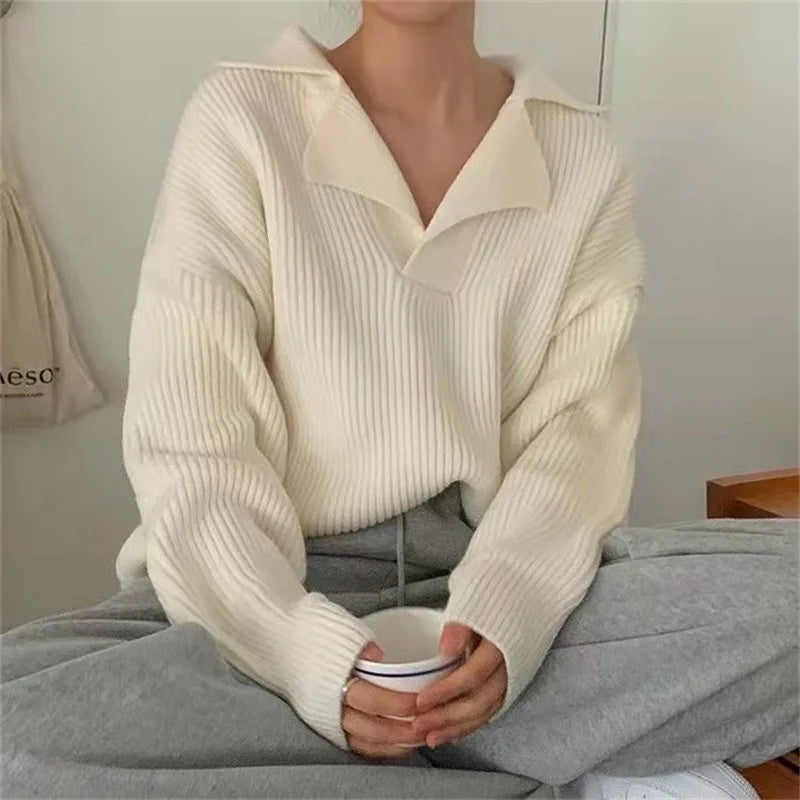 new female sweater autumn half-open V-lapel pullover Korean version of long-sleeved wearing loose sweater