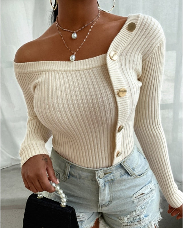 Knitted Long Sleeve Top Women T-Shirt Sweater Asymmetrical Collar Black White Button Pullover Top Tees Autumn Fall Clothing