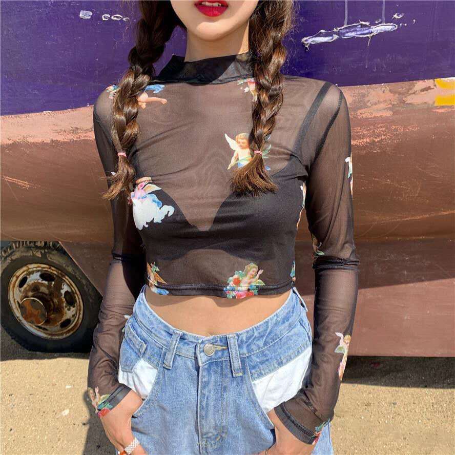 maoxiangshop Angel Print Sheer Blue Black Mesh Long Sleeve Blouse Shirts Women Spring Summer Pullovers Elegant Sexy See Through Tops