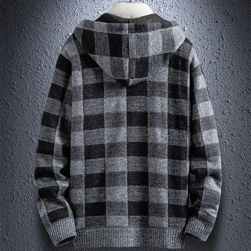 maoxiangshop Winter Thick Cardigan Men's Sweater Zipper Striped Hooded Fashion Warm Slim fit Knitted Sweater Male Fleece Hoodies Coats men