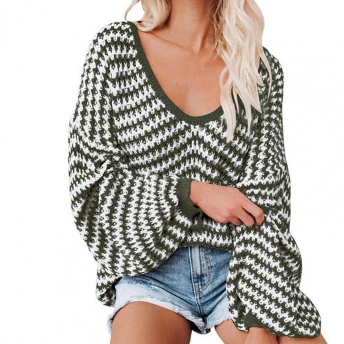 Women's Sweater Loose Striped Knitted Thick Knit Wide Neck Sweater Long Sleeve Loose Off Shoulder Jumper for Autumn Winter