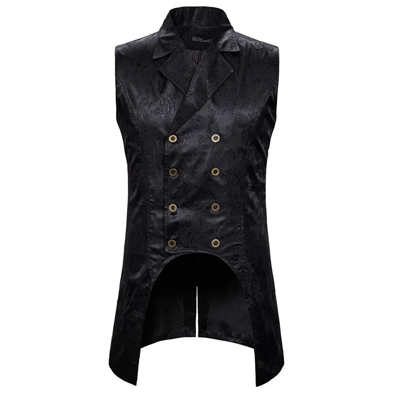 maoxiangshop Wine Red Paisley Jacquard Long Vest Men Double Breasted Lapel Brocade Vest Waistcoat Mens Gothic Steampunk Sleeveless Tailcoat