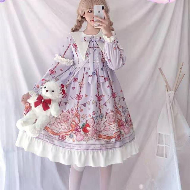 maoxiangshop In Wondeland Cute Women's Lolita OP Dress Flouncing Lace Trim Japanese Harajuku Long Sleeves Doll Dress Fairy Vestidos