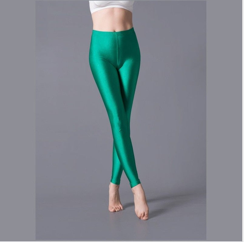 maoxiangshop Women Shiny Gym Pants Fitness Leggings Candy Color Ankle Length Trousers Solid Fluorescent Spandex Elastic New Bottom