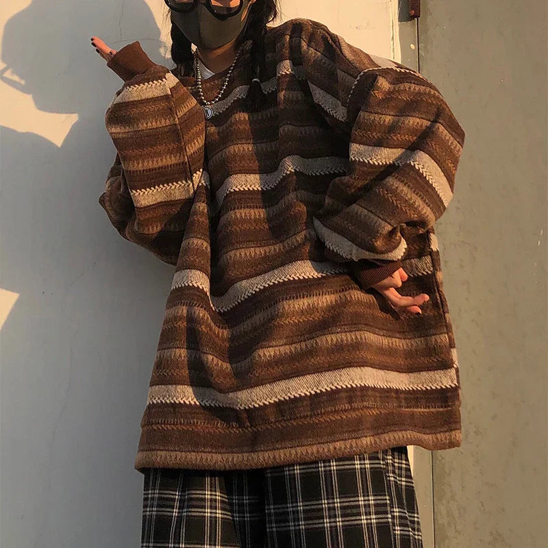 maoxiangshopStriped Sweaters Women Oversize Pullovers Autumn Winter Knit Sweater Hip Hop Ulzzang BF Unisex Jumper Ladies Retro Couples Tops