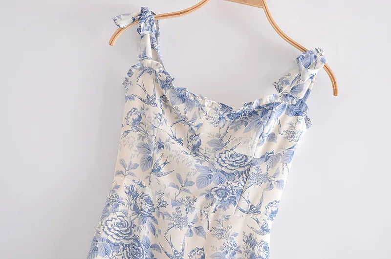2022 Summer New Lace Up Bowknot Strap High Waist French Vintage Printed Ruffle Dress Female Fashion Midi Dresses Women
