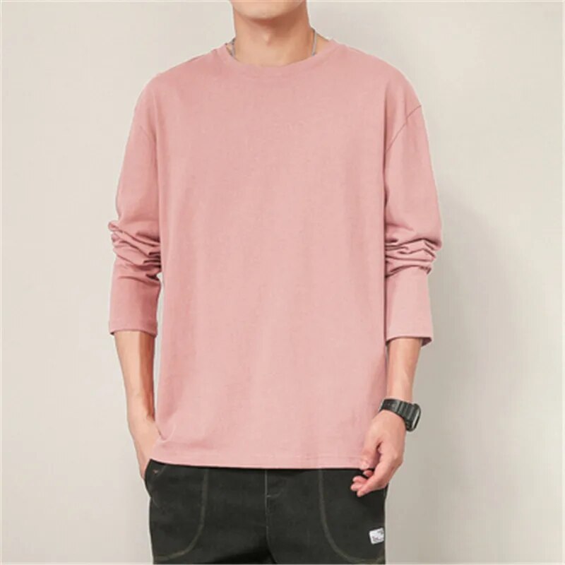maoxiangshop 100% Cotton T Shirt Men Solid Color Long Sleeves O Neck Mens Tshirt Casual Streetwear Man Pullover Tops Tees Plus Size 5Xl