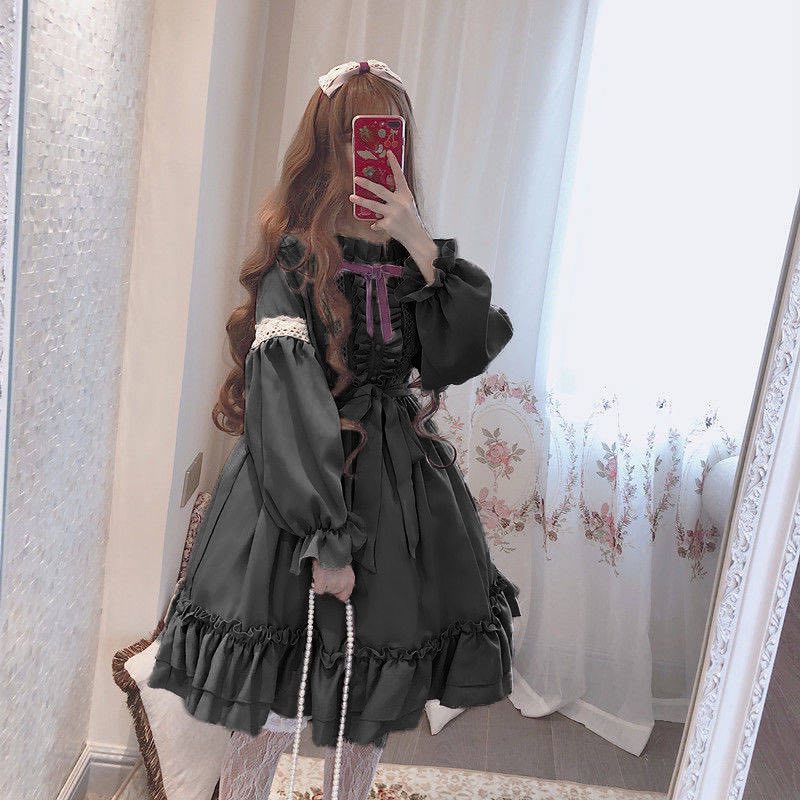 maoxiangshop In Wondeland Cute Women's Lolita OP Dress Flouncing Lace Trim Japanese Harajuku Long Sleeves Doll Dress Fairy Vestidos