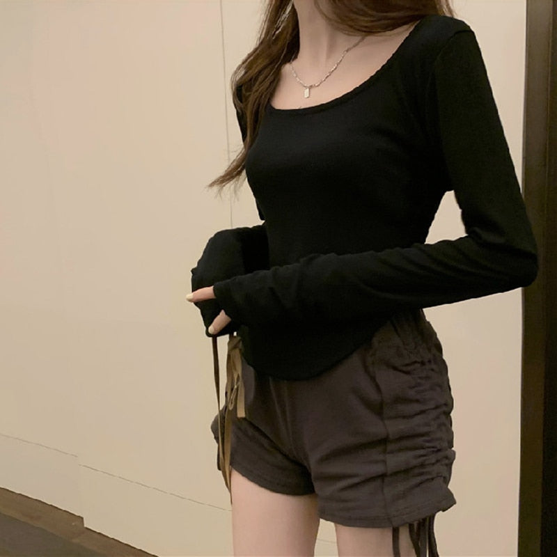 maoxiangshopWomen Long Sleeve Square Neck T-Shirt Spring And Autumn New Irregular Hem Slim Casual Top Girl Bottom Shirts