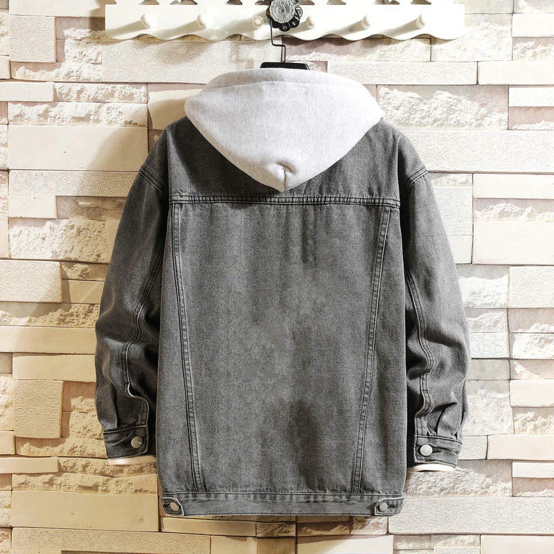 maoxiangshop Denim Jacket Men Hooded Casual Men Jean Jackets Streetwear Solid Color Turn Down Collar Denim Coats Men Jacktes Hat Detachable