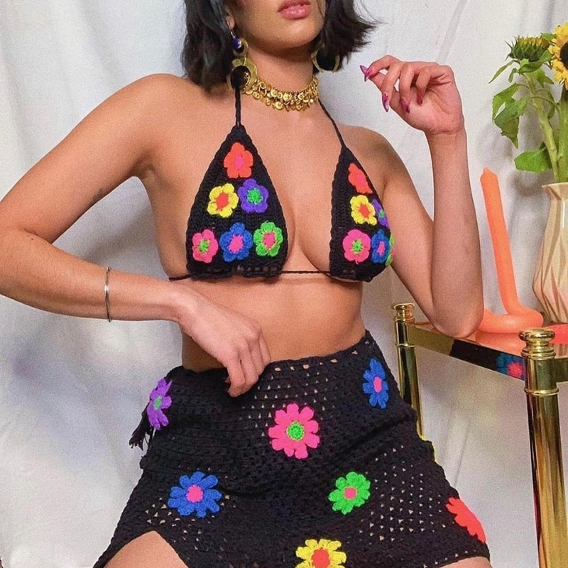 maoxiangshopSummer Knitted Suit Floral Crochet Crop Cami Top and High Waist Split Skirt Beach Vacation Y2K Two Piece Set Women Outfits