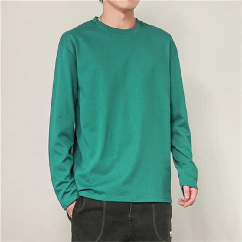 maoxiangshop 100% Cotton T Shirt Men Solid Color Long Sleeves O Neck Mens Tshirt Casual Streetwear Man Pullover Tops Tees Plus Size 5Xl