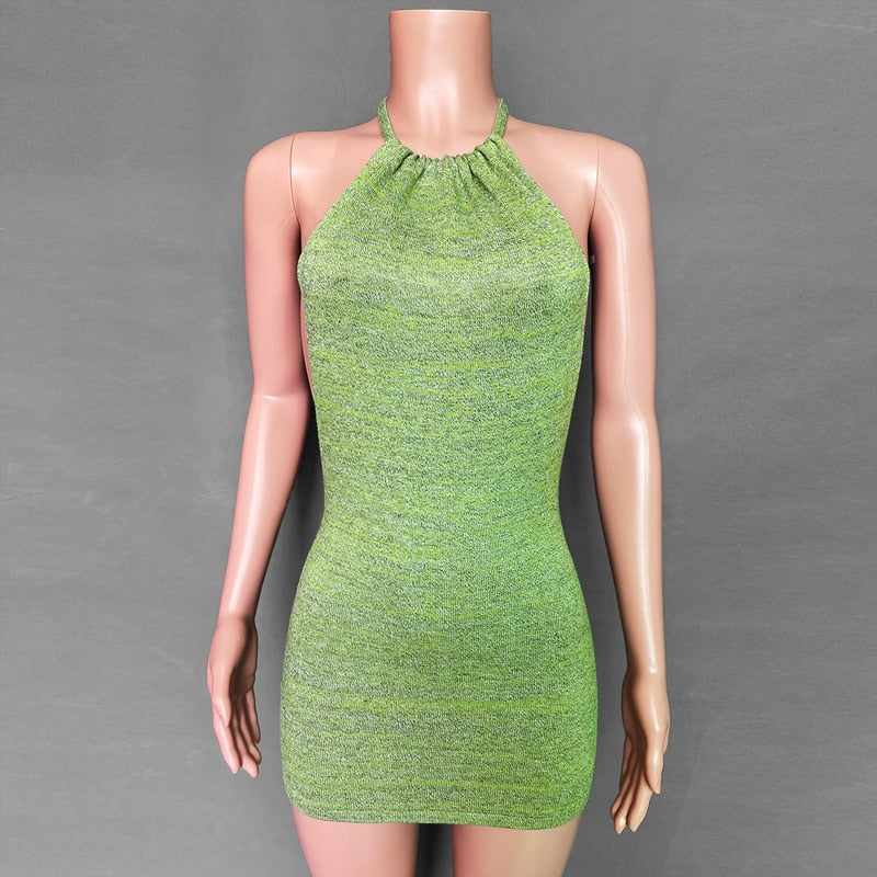 maoxiangshop Summer Gradient Backless Knit Dress Women New Mini Beach Party Halter Dress Holiday Slim Ladies Stretch Sweater Dress