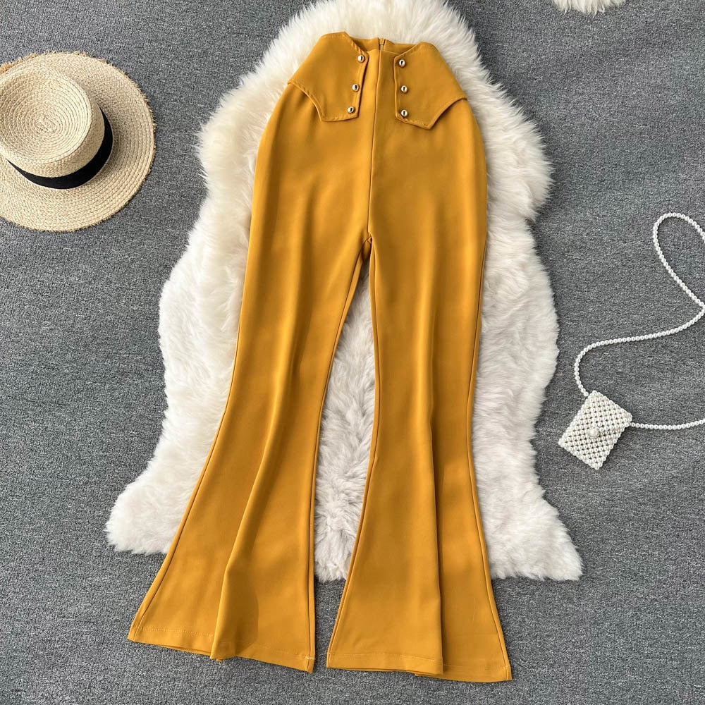 maoxiangshop Women Sprint Pants Solid Colar High Waist Slim Flare Pants Elegant Office Lady Yellow Black Full Length Casual Trousers
