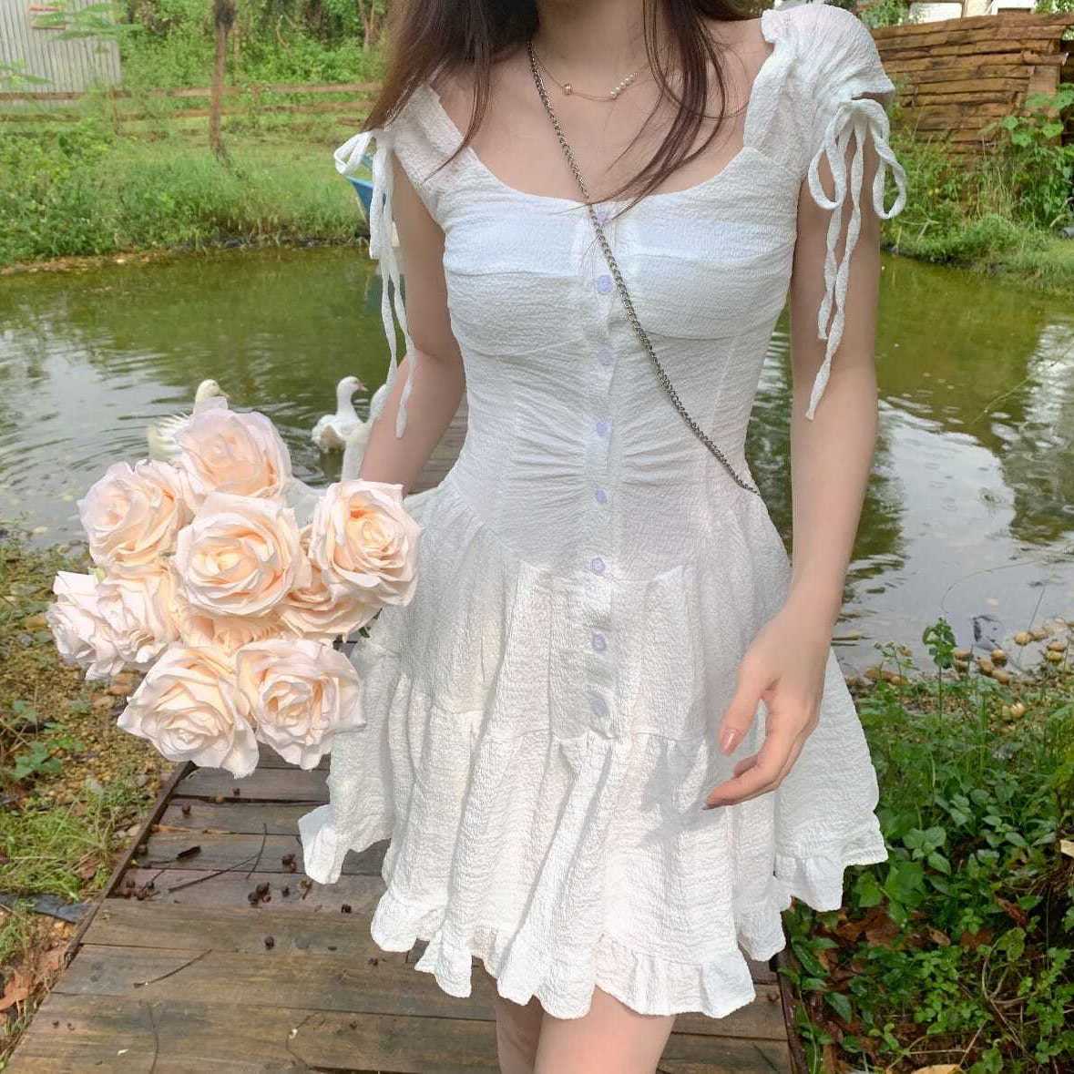 maoxiangshop Japanese Kawaii Princess Dress Women Pink Fairy Ruffles Party Mini Dress Female Summer Korean Puff Sleeve Slim Sweet Dress