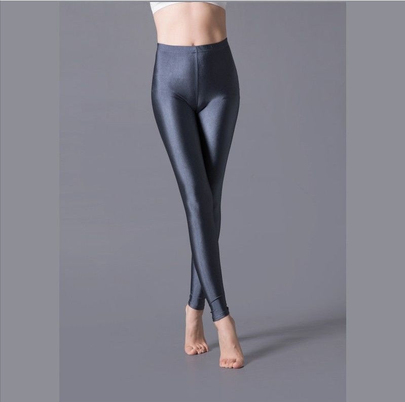 maoxiangshop Women Shiny Gym Pants Fitness Leggings Candy Color Ankle Length Trousers Solid Fluorescent Spandex Elastic New Bottom