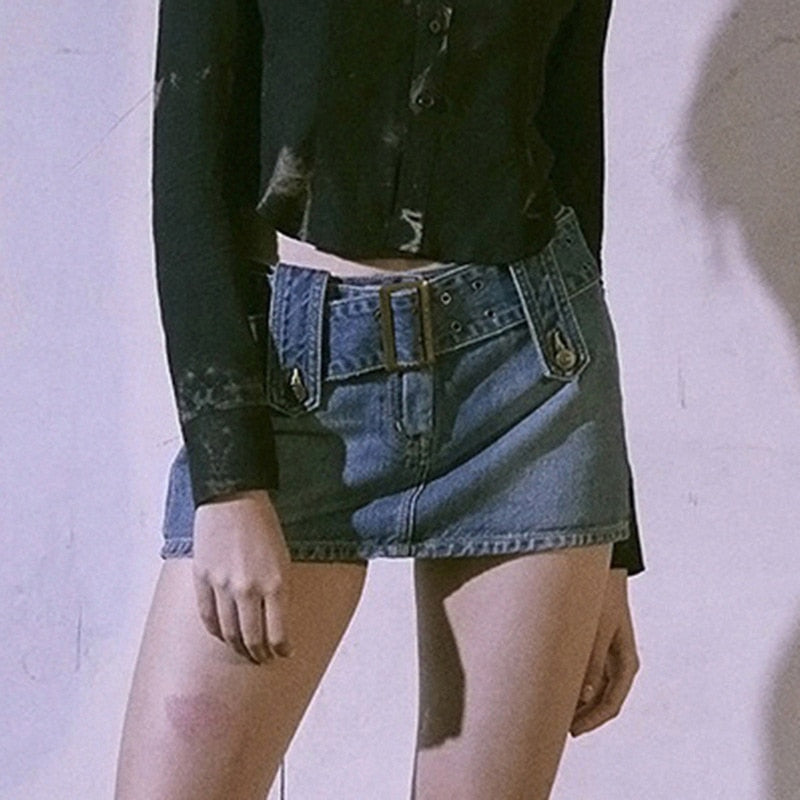 Y2K Women's Jeans Mini Skirts Low Waist Belt Blue Denim Skirt Woman Korean Straight Distressed Bottoms Mujer Harajuku