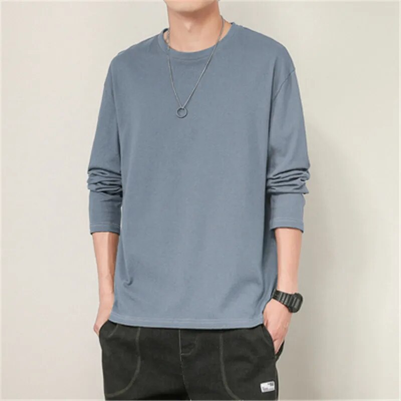 maoxiangshop 100% Cotton T Shirt Men Solid Color Long Sleeves O Neck Mens Tshirt Casual Streetwear Man Pullover Tops Tees Plus Size 5Xl