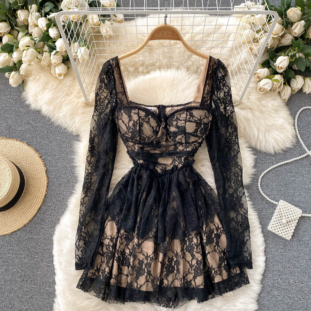 maoxiangshop Elegant Black Lace Dress Women Sexy Hollow Out Mini Party Dress Square Collar Full Sleeve Slim Waist A-line Clubwear Robe Femme