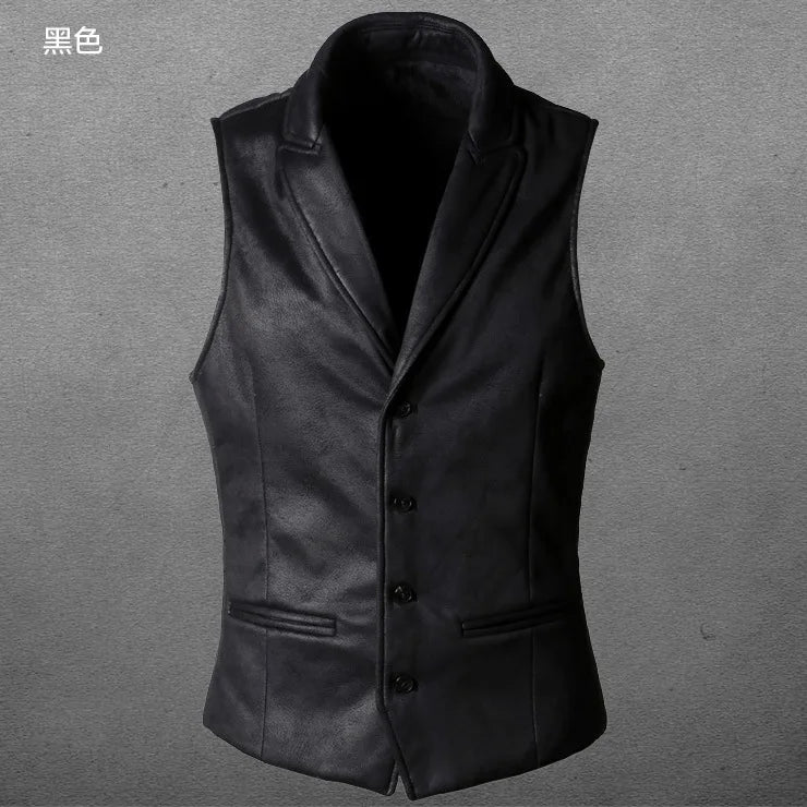maoxiangshop Vest Men Casual Waistcoat Man Faux leather fashion leather Slim vest lapel classical Vintage gilet European style male