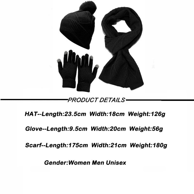 maoxiangshop - 3 PCS Hat Glove Scarf Sets Winter Warm Knitted Touch Screen Gloves Woolen Plush Pom Pom Beanies Thickened Coldproof Scarves Suit